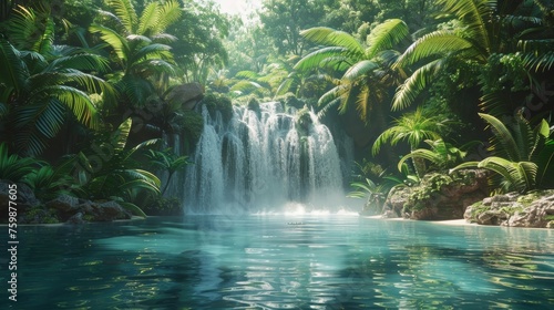 A serene tropical waterfall cascades into a crystal-clear pool, nestled within a lush oasis of towering palm trees and verdant foliage, radiating tranquility.