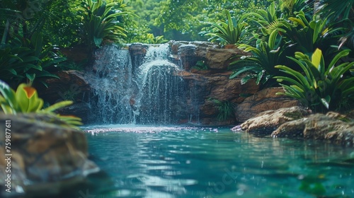Nestled within a verdant tropical haven  a secluded waterfall gushes over rocks into a serene pool  creating a peaceful natural sanctuary.