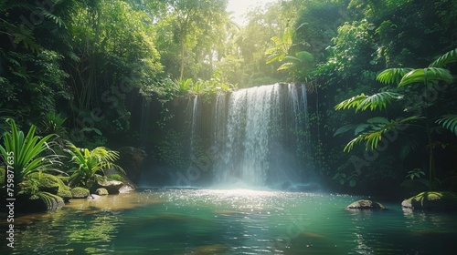 A captivating jungle waterfall pours into a tranquil pool, with the sun's rays creating a mystical ambiance in this lush, green paradise.