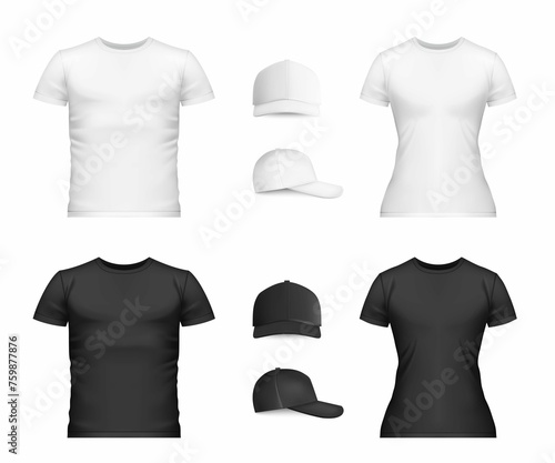 Realistic T Shirt Baseball Cap Mockup Icon Set White Black Shirts Caps Men Women Vector Illustration