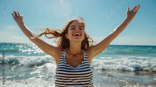 happy woman in striped vest on the seashore