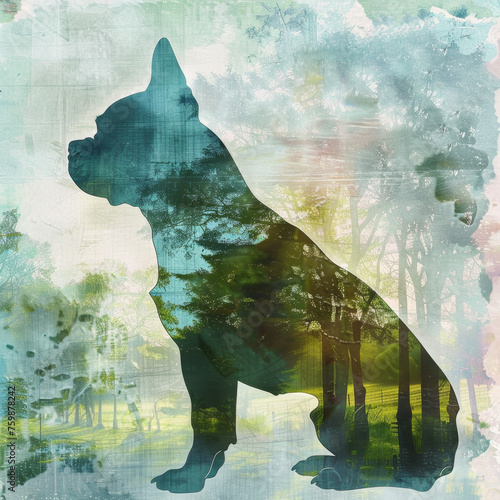 Double Exposure: Boston Terrier Silhouette and Watercolor Park Scene Gen AI photo