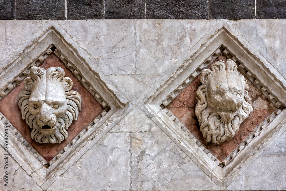 Fototapeta premium Lions head sculptured at the facade of the Baptistry of St. John (Battistero di San Giovanni) in Siena, Tuscany, Italy, Europe. 