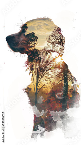 Double Exposure of Brittany Spaniel Silhouette and Watercolor Park Scene Gen AI photo