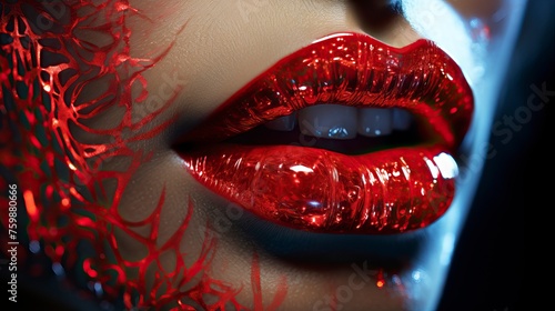 female lips extreme close up shot, red glowing radium lips made with diamond engraved, shining effect, highly detailed, intricate, 8k - generative ai