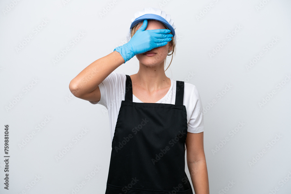 Fototapeta premium Fishwife woman isolated on white background covering eyes by hands. Do not want to see something