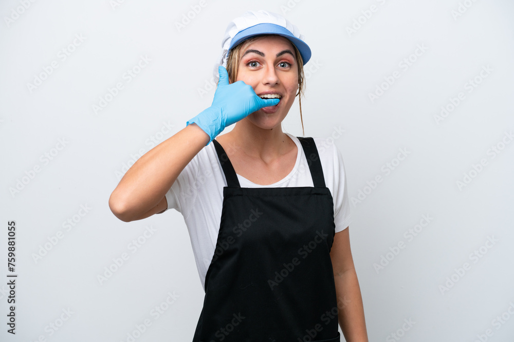 Fishwife woman isolated on white background making phone gesture. Call me back sign Fishwife woman isolated on white background making phone gesture. Call me back sign