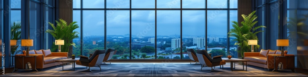 Fototapeta premium Executive lounge views, highlighting the panoramic scenes visible from the lounges and meeting spaces within financial buildings
