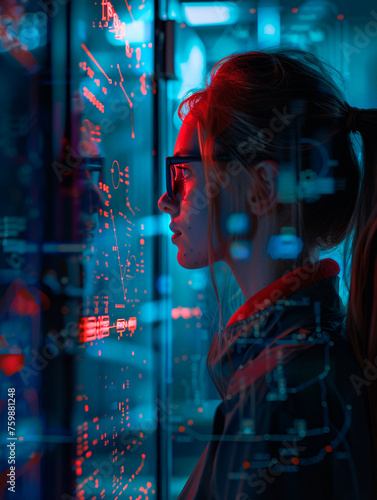 The image portrays a faceless person amid a data center filled with vibrant lights, representing anonymity in the digital age