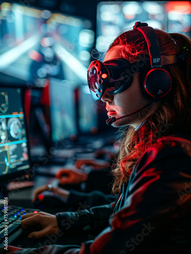 An avid gamer wearing headphones is deeply engrossed in an immersive gaming experience at her station