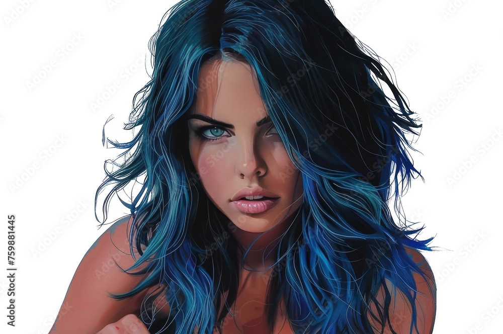 Naklejka premium Portrait of a Woman With Blue Hair. Transparent PNG Background
