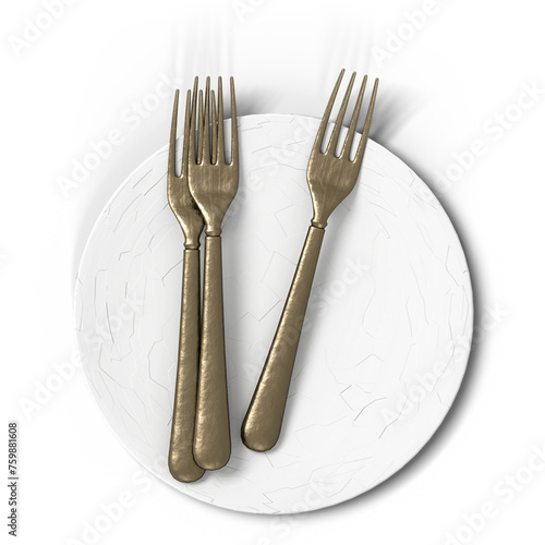 Plate with silver forks on plain background , utensil flat lay concept.
