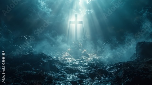 The light of Jesus in the clouds is combined with the cross, the holy Cross