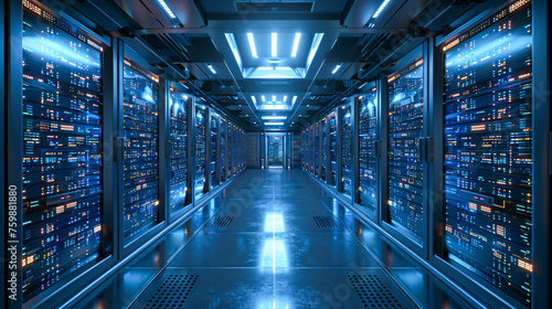 Datacenter Interior, Server Racks in a Room, Networking and Technology Concept, Blue Tones