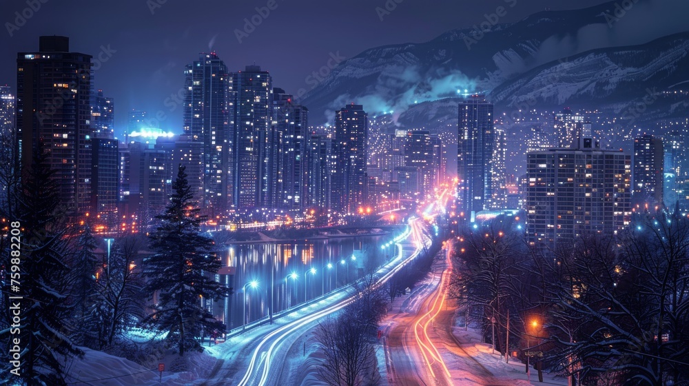 Vibrant Night Cityscape With Tall Buildings