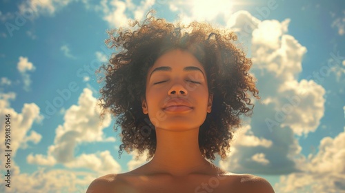 Woman Enjoying the Moment Meditating Deep Breathing Stress Relief Concept of Mental Health Wellness Wellbeing Blue Sky White Clouds Background 16:9