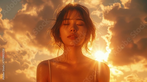 Woman Enjoying the Moment Meditating Deep Breathing Stress Relief Concept of Mental Health Wellness Wellbeing Blue Sky White Clouds Background 16:9