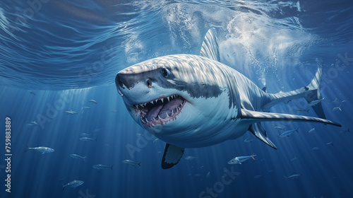 A majestic great white shark swims underwater  surrounded by smaller fish  while sunlight filters through the clear blue water