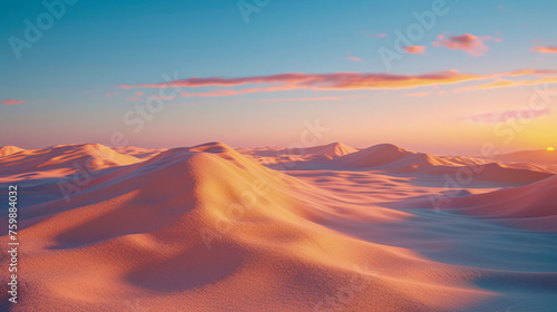 Desert Dunes at Sunset: Tranquil Landscape with Sandy Waves and Blue Sky