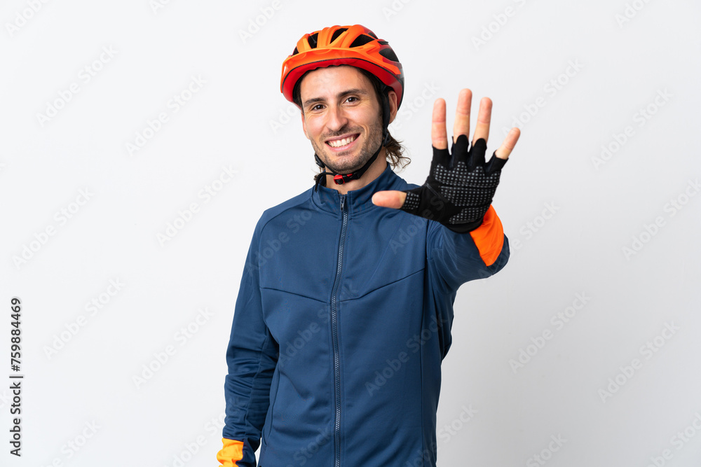 Young cyclist man isolated on white background counting five with fingers Young cyclist man isolated on white background counting five with fingers