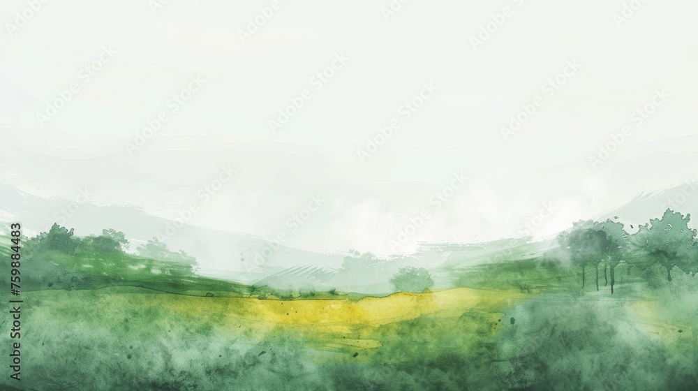 Obraz premium Watercolor Painting of a Green Field with Trees and Fog on a White Background