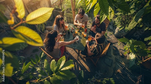 Gathered in a leafy backyard, friends relish non-alcoholic drinks, intertwining socializing with nature's vibrant backdrop