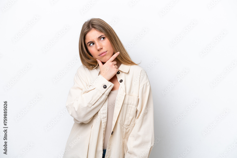 Young caucasian woman isolated on white bakcground having doubts Young caucasian woman isolated on white bakcground having doubts