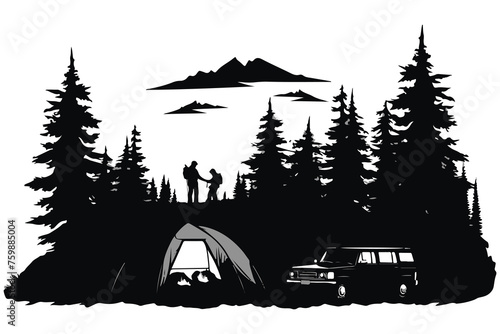 hand drawn camping silhouette illustration