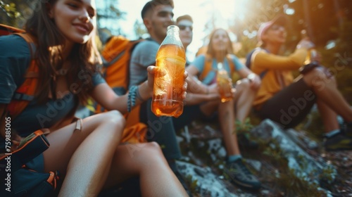 Young adventurers resting on a trail with eco-friendly beverages, reveling in the vibrant, earth-toned embrace of the wilderness