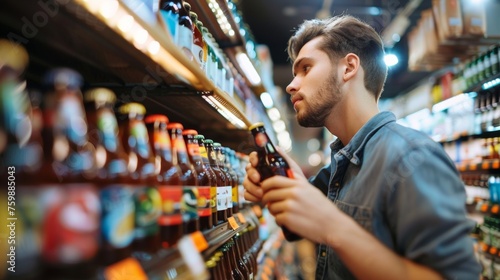 Young shopper scrutinizing a range of non-alcoholic beers, embodying the youth's careful selection for health-conscious socializing