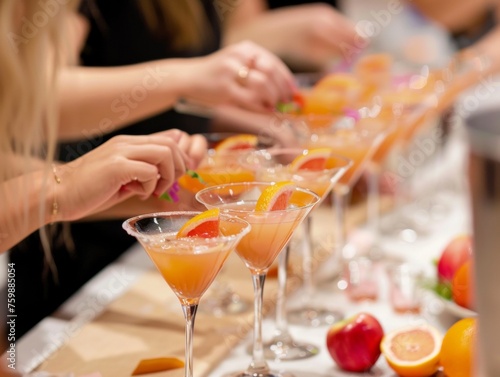 Focused young participants at a mocktail workshop, skillfully adorning alcohol-free beverages with fresh garnishes, showcasing refined tastes in a convivial atmosphere