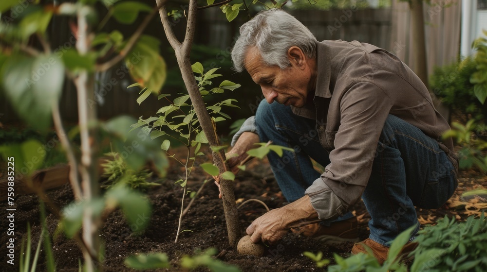 Fototapeta premium Middle-aged man tends to urban garden, merging personal growth with environmental stewardship during andropause