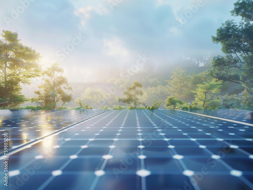 Idyllic vision of solar energy s role in a sustainable future with lush greenery and sunrise
