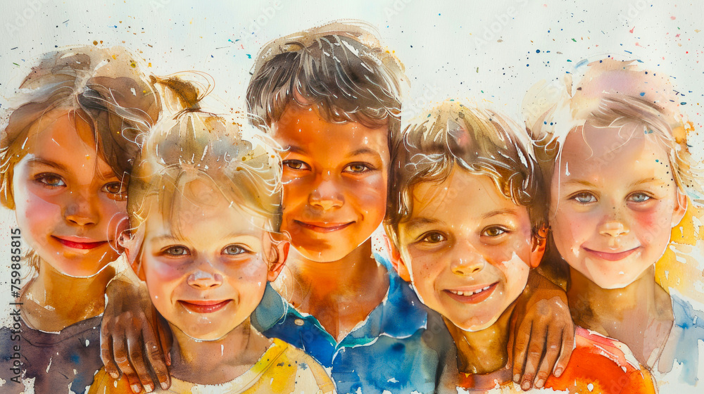 Group of happy children of different nationalities standing in an embrace. Watercolour painting - obrazy, fototapety, plakaty 
