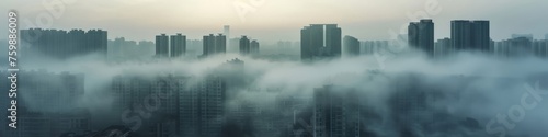 Foggy morning, skyscrapers partially shrouded in mist, creating a sense of mystery and adding an ethereal quality to the scene