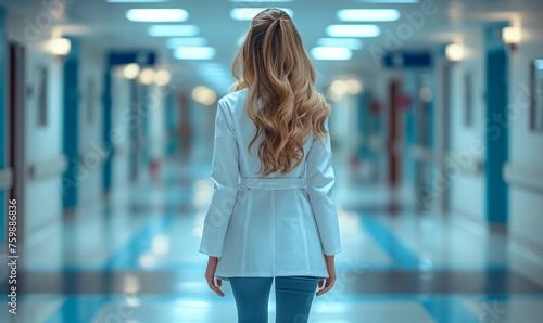 Female medical worker in hospital corridor, rear view.
