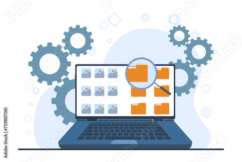concept of File manager and data storage. file management administration, data archiving concept, folder, gallery, administration. A computer or mobile phone searches and indexes document files.
