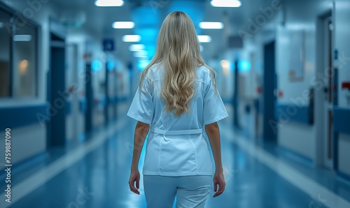 Female medical worker in hospital corridor, rear view.
