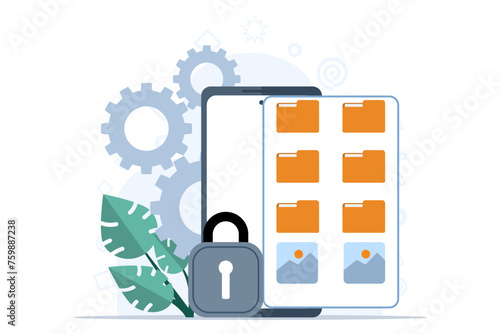 concept of File manager and data storage. file management administration, data archiving concept, folder, gallery, administration. A computer or mobile phone searches and indexes document files.