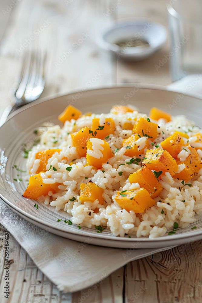 Plate of Butternut Squash Risotto on a Wooden Table Plate of Butternut Squash Risotto on a Wooden Table
