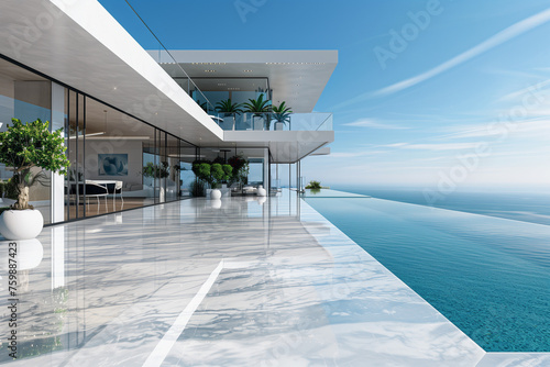A modern luxury villa boasts a sleek design with a glistening infinity pool overlooking a serene ocean © alex