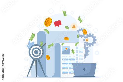 Freelance writer concept of making money by monetizing blogs, earning from affiliate links, blog monetization, website monetization, vector flat illustration on white background.