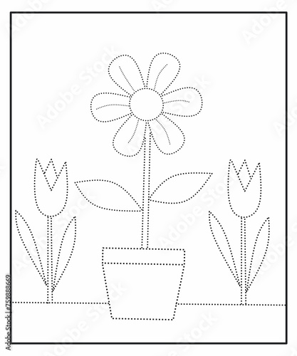 Tracing and coloring flowers activity for kids, spring activity for children, flower coloring page, tracing flower