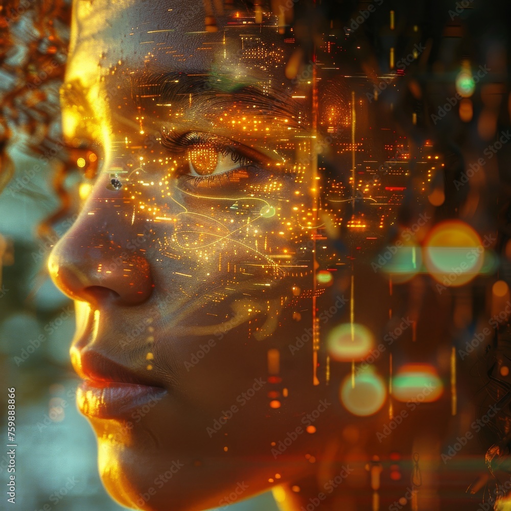 io-Integrated Optics, Augmented Reality, a person with cybernetic eyes gazing into a virtual landscape, surrounded by ethereal light, in a scene blending the real and digital world