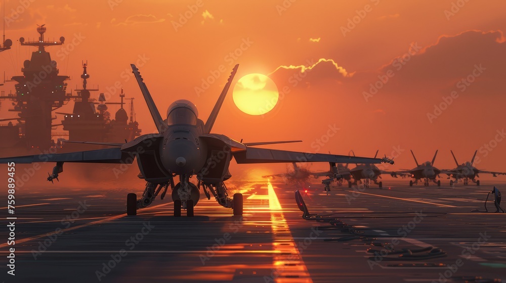 Military Might Bathed in Reflective Sunset - obrazy, fototapety, plakaty 