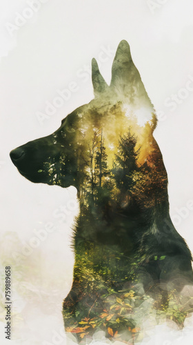 Double Exposure: Belgian Malinois Portrait and Nature Watercolor Art Gen AI photo