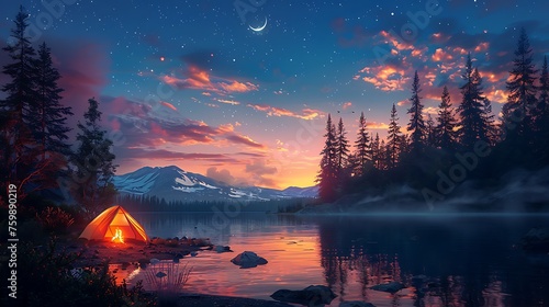 Tent camp on forest at night with campfire, summer camp, light by moon