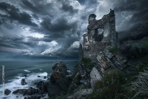 Coastal Castle Amidst Ocean Waves and Cliff Landscape