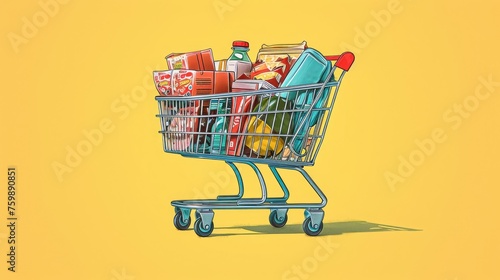 A stylized illustration of a shopping cart overflowing with diverse products representing abundance and choice