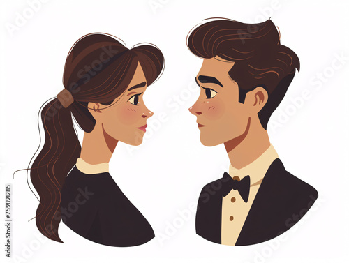 Funny portrait of man and woman. Illustration on white background